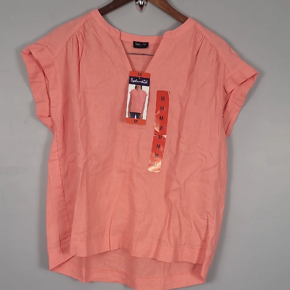 Splendid Linen Blend Orange Mandarin Peach Cuffed Sleeves Top - Picture 1 of 6